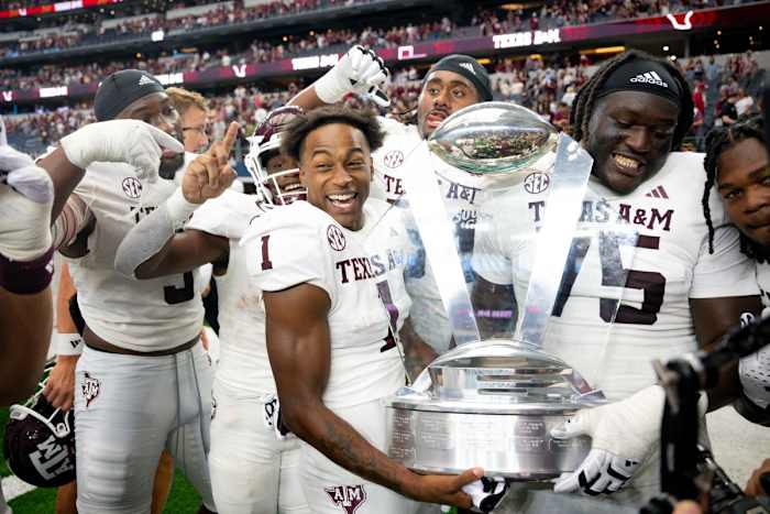 Texas A&M Aggies wide receiver Evan Stewart (1) celebrates a win over the Arkansas Razorbacks.